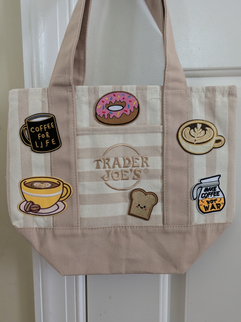 Trader Joe's  Striped Mini Canvas Tote Bag Desert Sand with patches and zipper